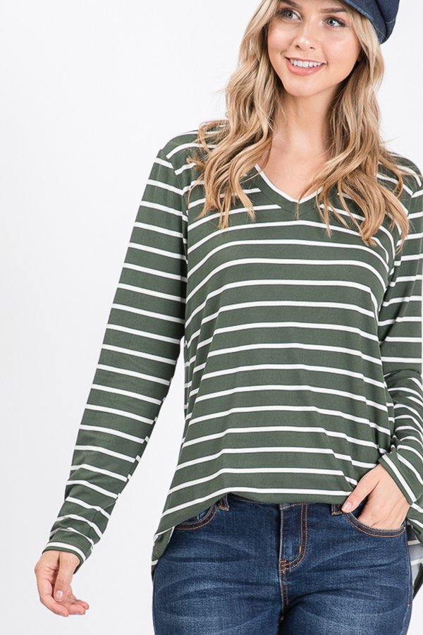 LONG SLEEVE V NECK STRIPE PRINT TOP