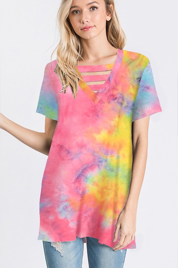 SHORT SLEEVE TIE DYE TOP WITH STRAPPED FRONT NECK