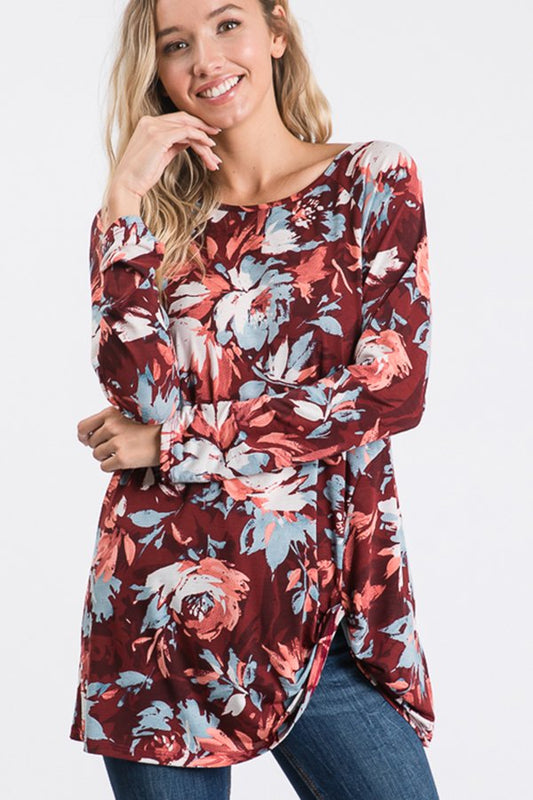 LONG SLEEVE ROUND NECK FLORAL PRINT TOP WITH TWIST KNOT DETAIL