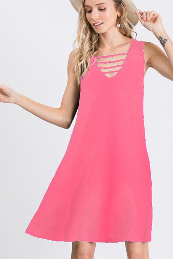 SLEEVELESS SOLID DRESS WITH SIDE POCKET AND STRAPPED FRONT NECK DETAIL