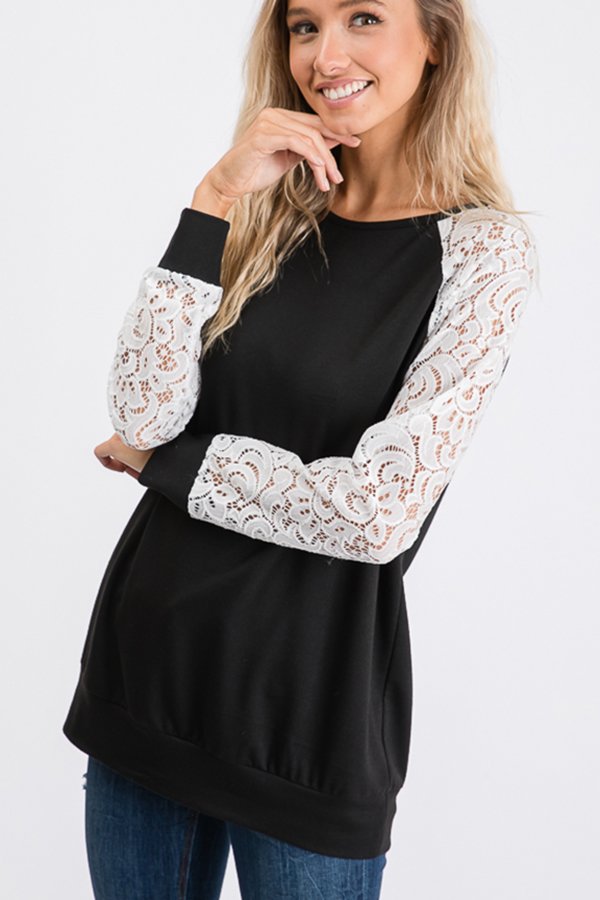 LONG SLEEVE ROUND NECK SOLID AND LACE CONTRAST TOP