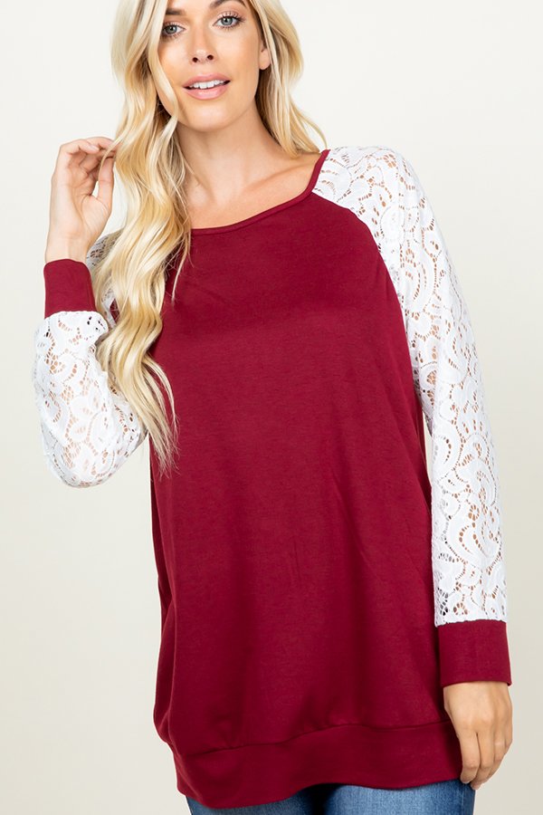 LONG SLEEVE ROUND NECK SOLID AND LACE CONTRAST TOP