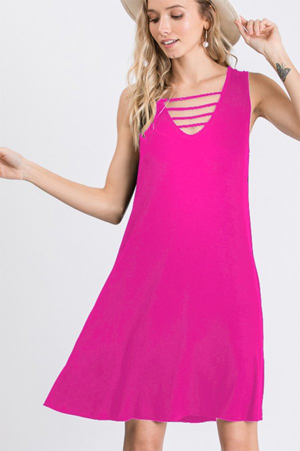 SLEEVELESS SOLID DRESS WITH SIDE POCKET AND STRAPPED FRONT NECK DETAIL