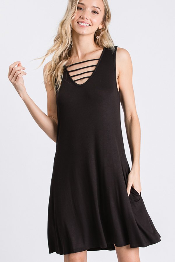 SLEEVELESS SOLID DRESS WITH SIDE POCKET AND STRAPPED FRONT NECK DETAIL