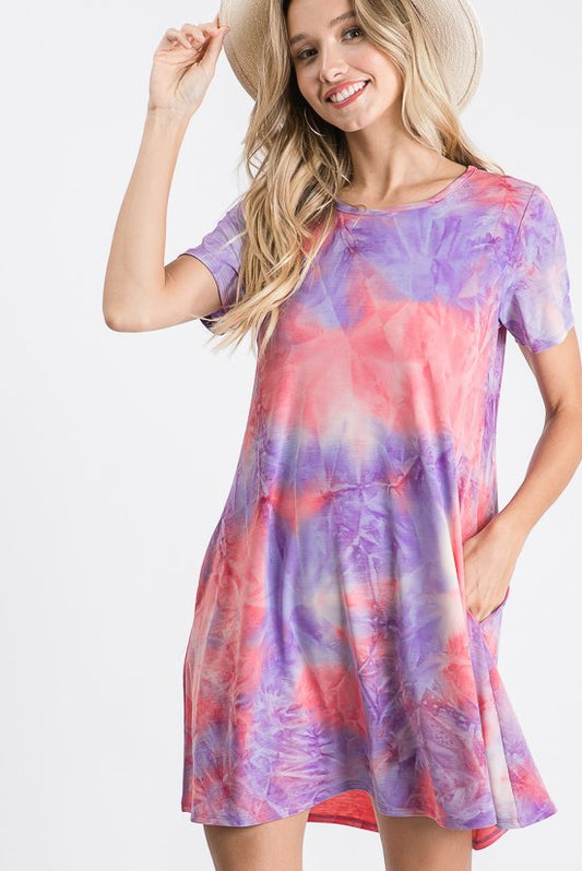 SHORT SLEEVE TIE DYE PRINT DRESS