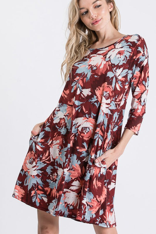 THREE QUARTER SLEEVE ROUND NECK FLORAL PRINT DRESS WITH SIDE POCKET