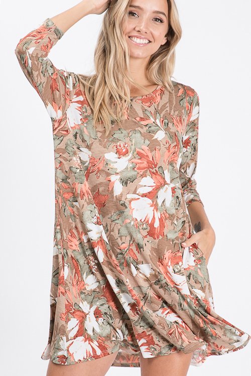 THREE QUARTER SLEEVE ROUND NECK FLORAL PRINT DRESS WITH SIDE POCKET