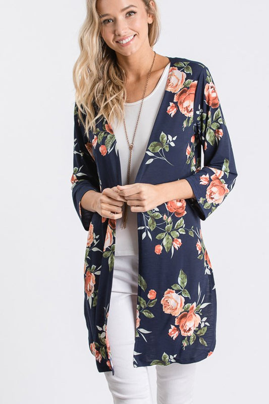 THREE QUARTER SLEEVE FLORAL PRINT KIMONO CARDIGAN WITH SIDE SLIT AND SELF TIE