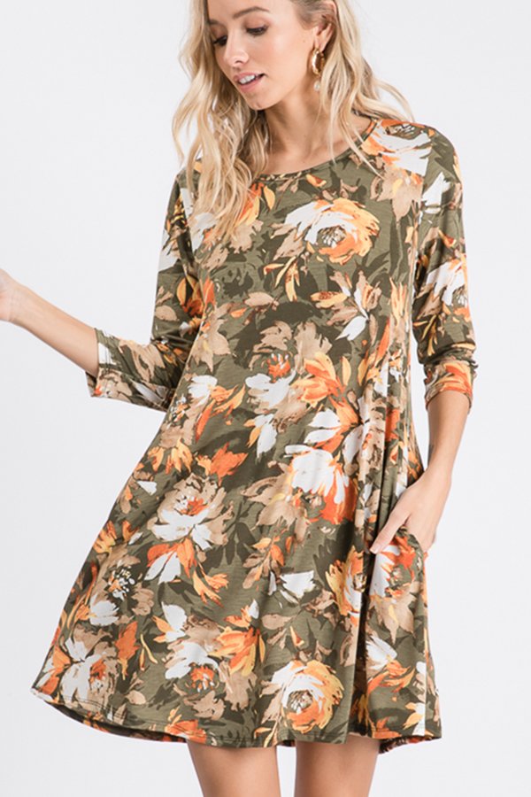 THREE QUARTER SLEEVE ROUND NECK FLORAL PRINT DRESS WITH SIDE POCKET