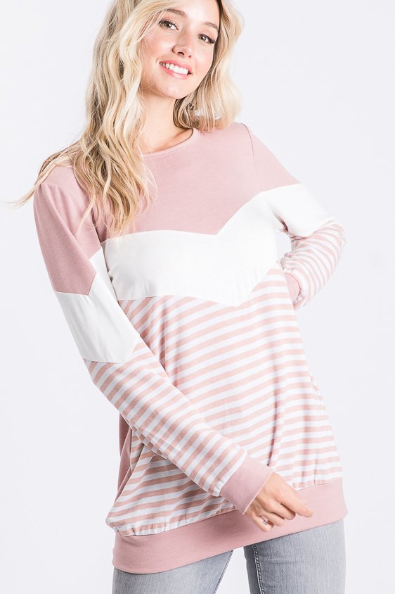 LONG SLEEVE ROUND NECK SOLID AND STRIPE CHEVRON PRINT CONTRAST TOP