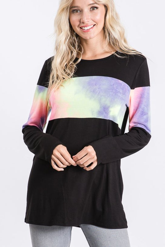 LONG SLEEVE SOLID AND TIE DYE PRINT CONTRAST TOP