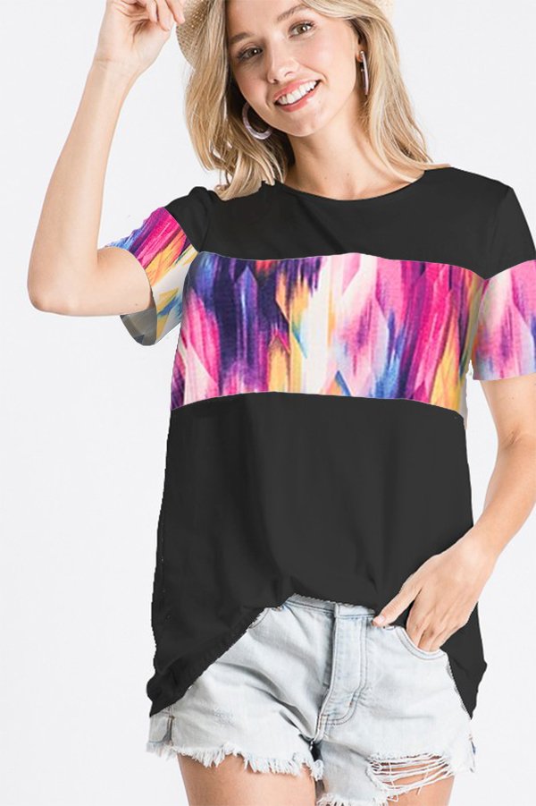 SHORT SLEEVE ROUND NECK SOLID AND MULTI PRINT CONTRAST TOP