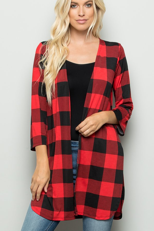 THREE QUARTER SLEEVE PLAID PRINT CARDIGAN WITH SIDE SLIT AND SELF TIE