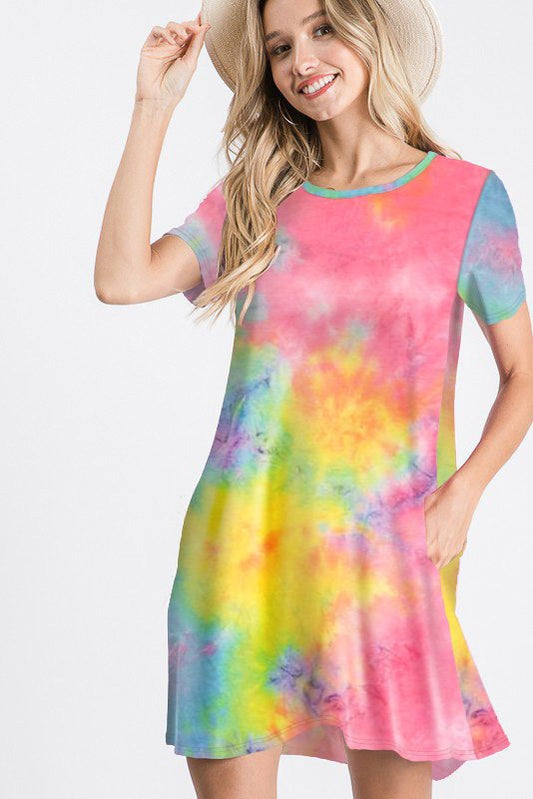 SHORT SLEEVE TIE DYE PRINT DRESS