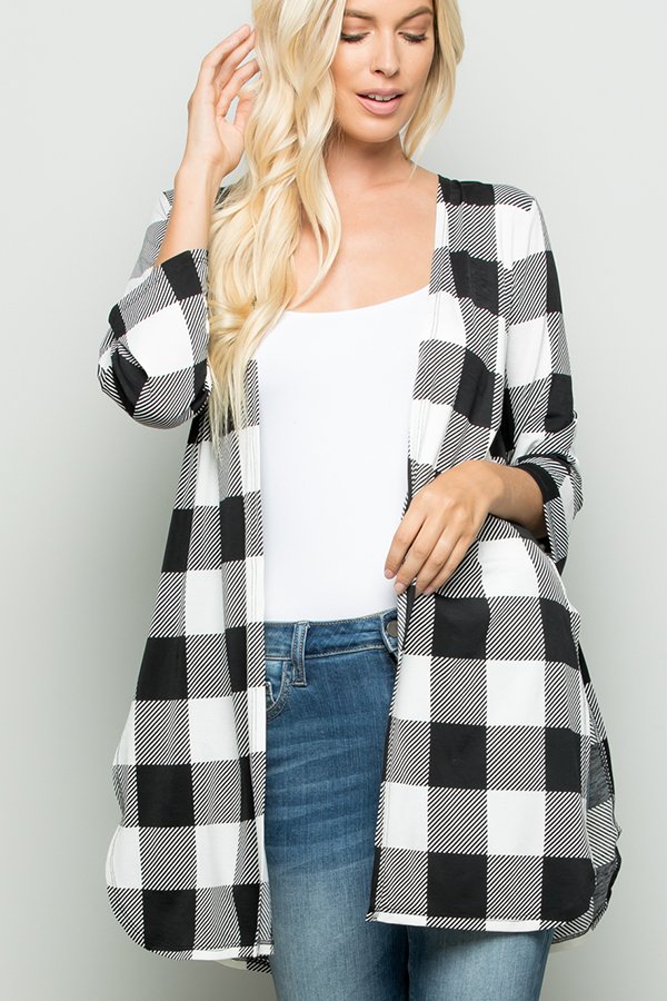 THREE QUARTER SLEEVE PLAID PRINT CARDIGAN WITH SIDE SLIT AND SELF TIE