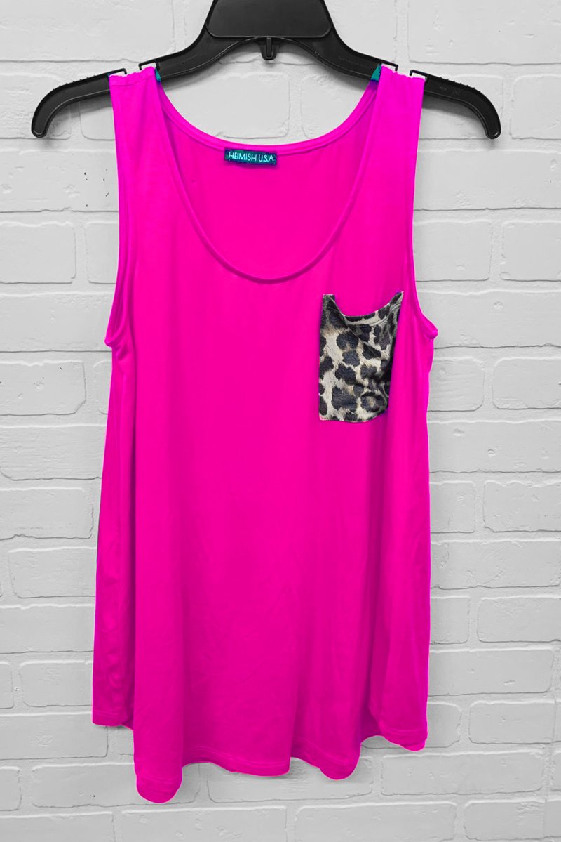 SLEEVELESS ROUND NECK SOLID TOP WITH LEOPARD PRINT POCKET DETAIL