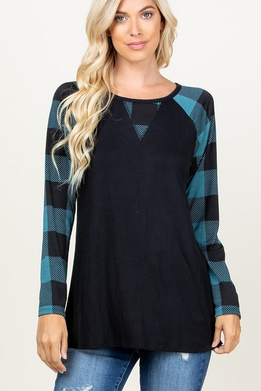 LONG SLEEVE SOLID AND PLAID PRINT CONTRAST TOP