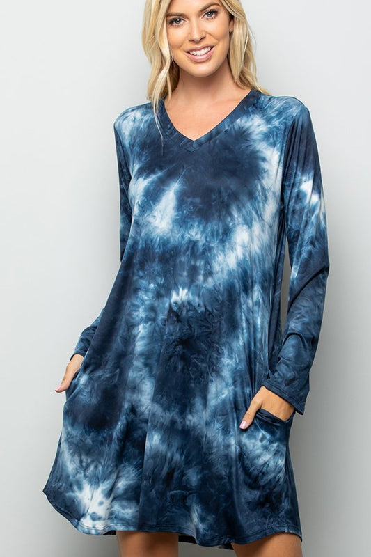 LONG SLEEVE V NECK MULTI PRINT TIE DYE DRESS WITH SIDE POCKET