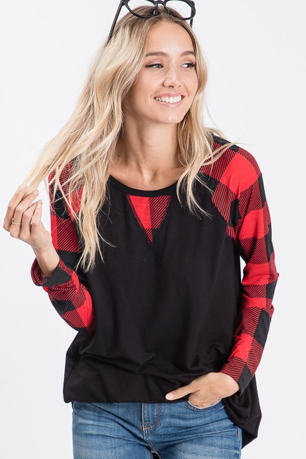 LONG SLEEVE SOLID AND PLAID PRINT CONTRAST TOP