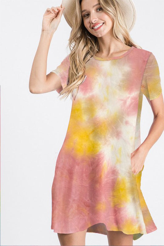 SHORT SLEEVE TIE DYE PRINT DRESS