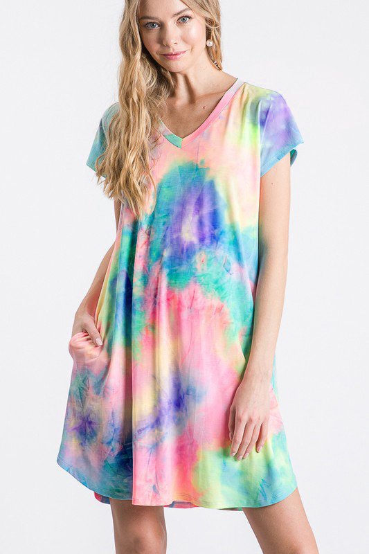 SHORT SLEEVE V NECK TIE DYE PRINT DRESS WITH SIDE POCKET