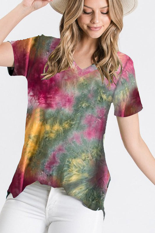 SHORT SLEEVE V NECK TIE DYE PRINT TOP