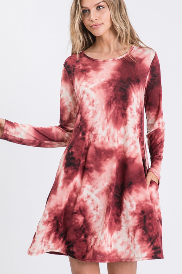 LONG SLEEVE TIE DYE PRINT DRESS WITH SIDE POCKET