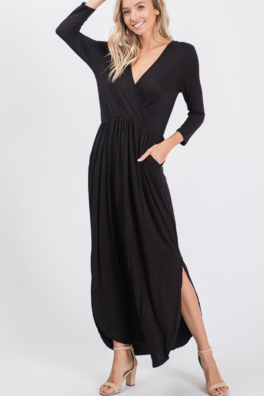 THREE QUARTER SLEEVE SOLID MAXI WRAP DRESS WITH SIDE POCKET