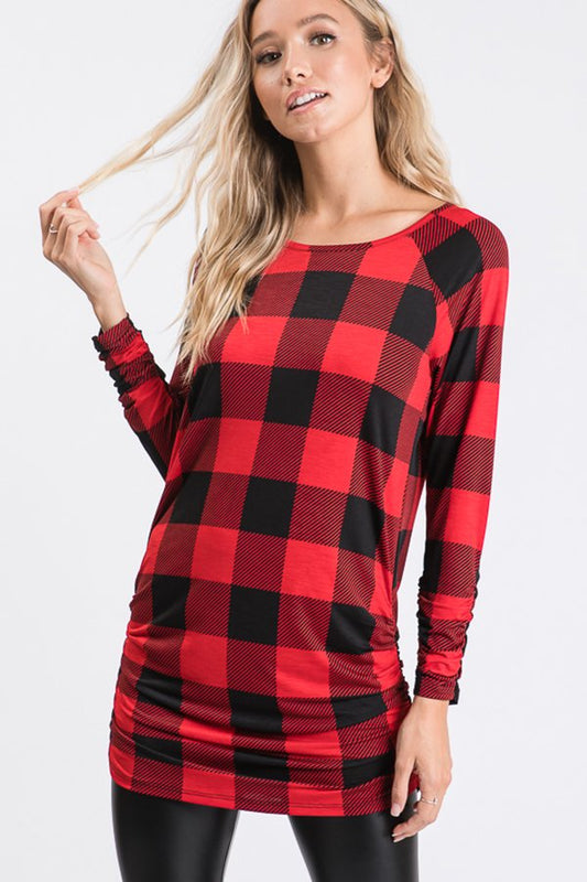 LONG SLEEVE ROUND NECK PLAID PRINT TOP WITH RUCHED DETAIL