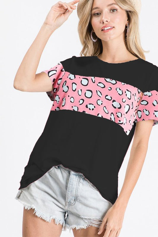 SHORT SLEEVE ROUND NECK SOLID AND LEOPARD ANIMAL PRINT CONTRAST TOP