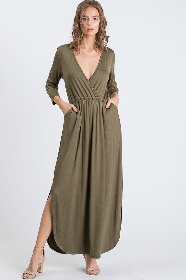 THREE QUARTER SLEEVE SOLID MAXI WRAP DRESS WITH SIDE POCKET