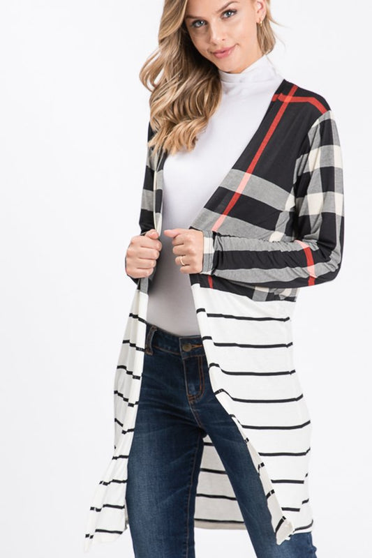 LONG SLEEVE STRIPE AND PLAID PRINT CARDIGAN