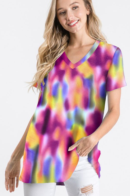 SHORT SLEEVE V NECK MULTI COLOR TIE DYE PRINT TOP