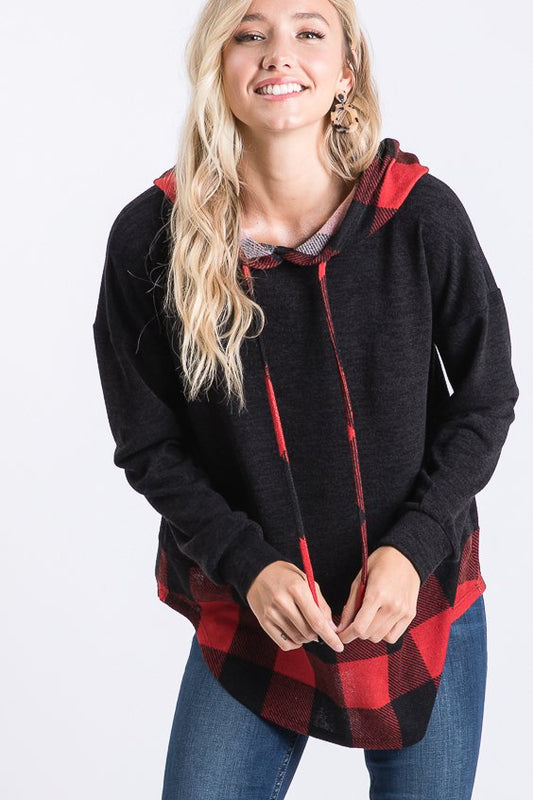 LONG SLEEVE PLAID PRINT AND SOLID CONTRAST HOODED TOP