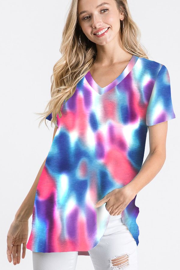 SHORT SLEEVE V NECK MULTI COLOR TIE DYE PRINT TOP