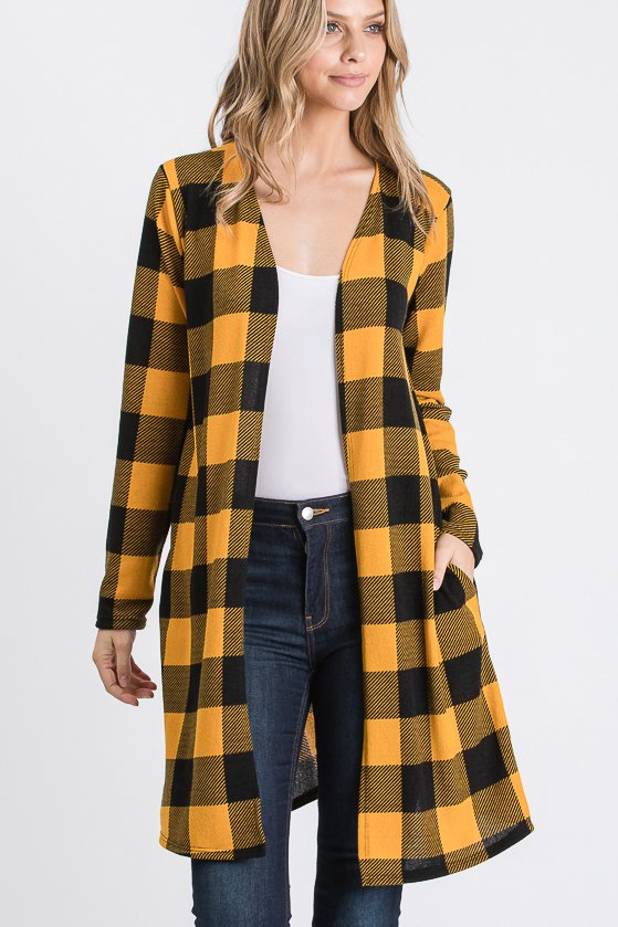 LONG SLEEVE PLAID PRINT OPEN CARDIGAN WITH SIDE POCKET
