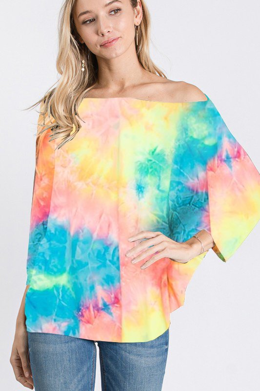 THREE QUARTER SLEEVE TIE DYE PRINT TOP WITH ONE SHOULDER DETAIL