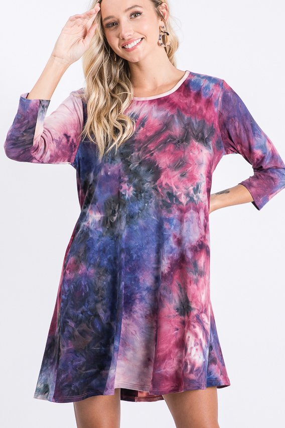 - THREE QUARTER SLEEVE MULTI COLOR TIE DYE PRINT DRESS WITH SIDE POCKET DETAIL