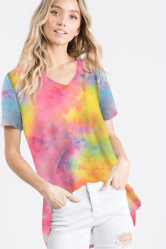 SHORT SLEEVE V NECK TIE DYE PRINT TOP