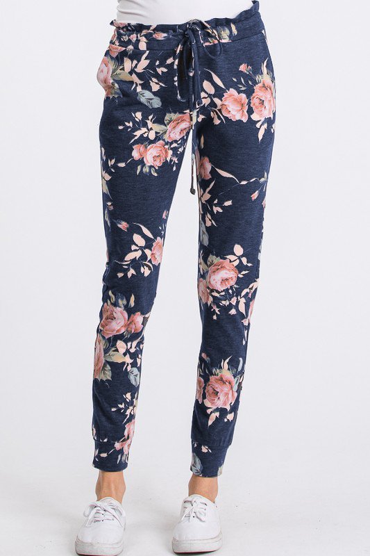 FLORAL PRINT JOGGER CASUAL PANTS WITH WAIST BAND AND POCKETS