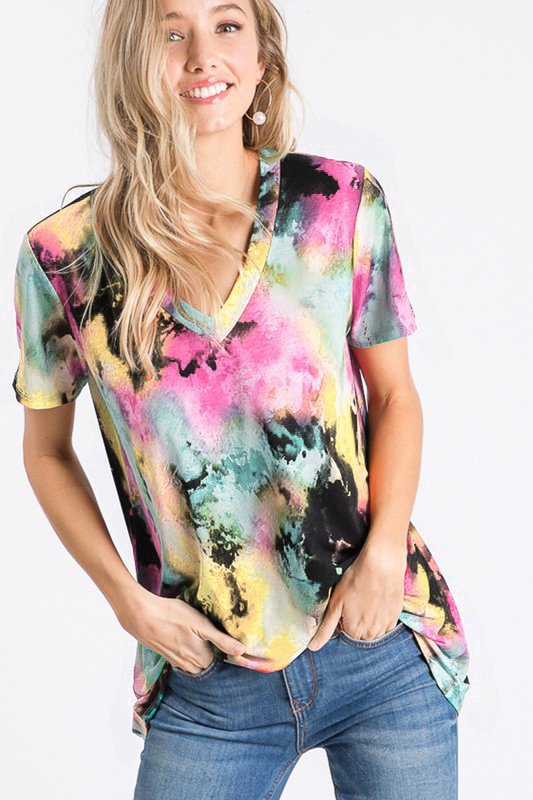 SHORT SLEEVE V NECK MULTI PRINT TOP