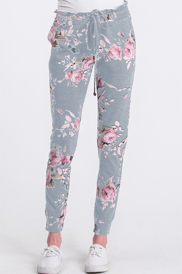 FLORAL PRINT JOGGER CASUAL PANTS WITH WAIST BAND AND POCKETS