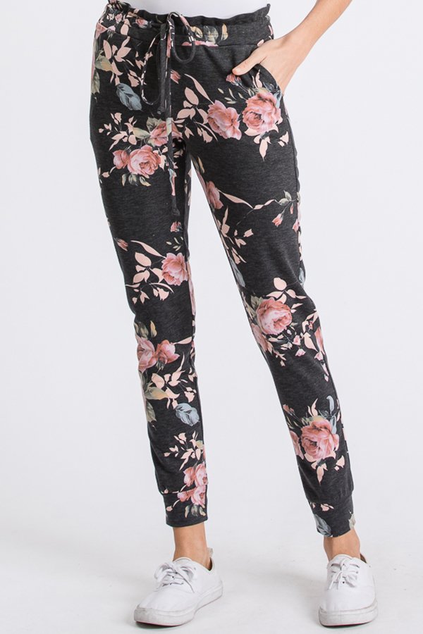 FLORAL PRINT JOGGER CASUAL PANTS WITH WAIST BAND AND POCKETS
