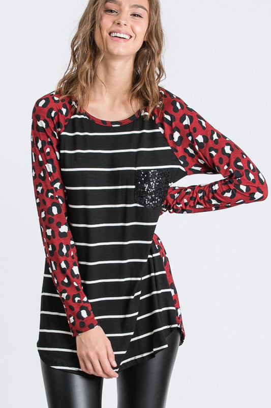 LONG SLEEVE STRIPE AND ANIMAL PRINT CONTRAST TOP WITH BLACK SEQUIN FRONT POCKET