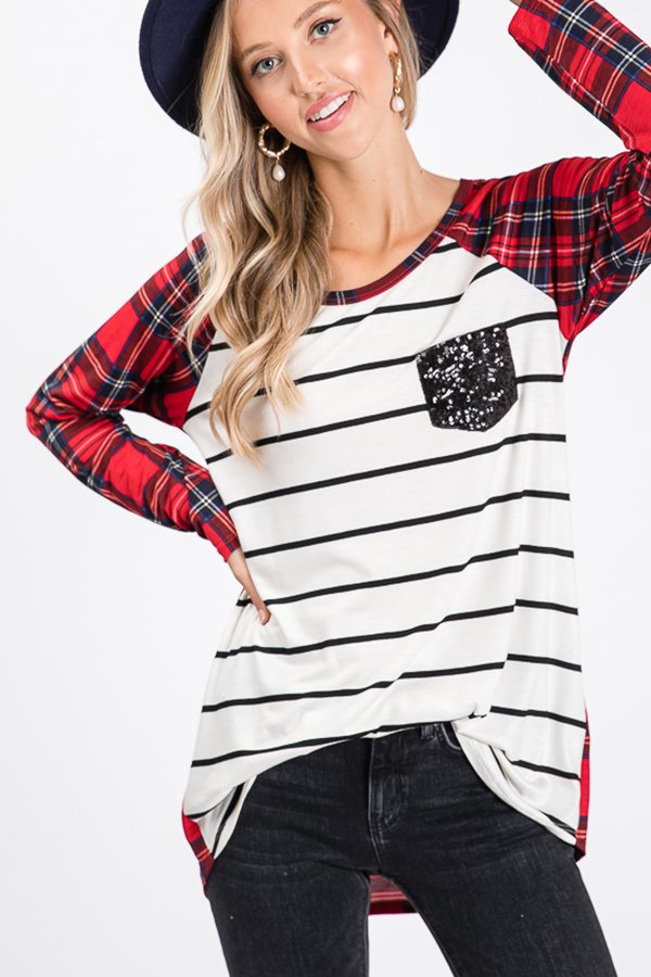 LONG SLEEVE STRIPE AND PLAID PRINT CONTRAST TOP WITH BLACK SEQUIN FRONT POCKET