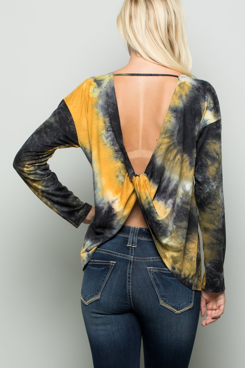 LONG SLEEVE MULTI PRINT TIE DYE TOP WITH TWISTED OPEN BACK DETAIL