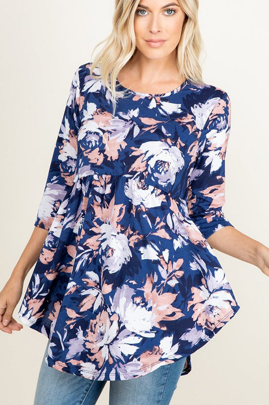 THREE QUARTER SLEEVE BABYDOLL FLORAL PRINT TOP