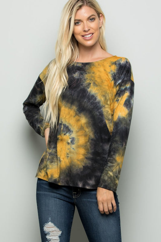 LONG SLEEVE MULTI PRINT TIE DYE TOP WITH TWISTED OPEN BACK DETAIL