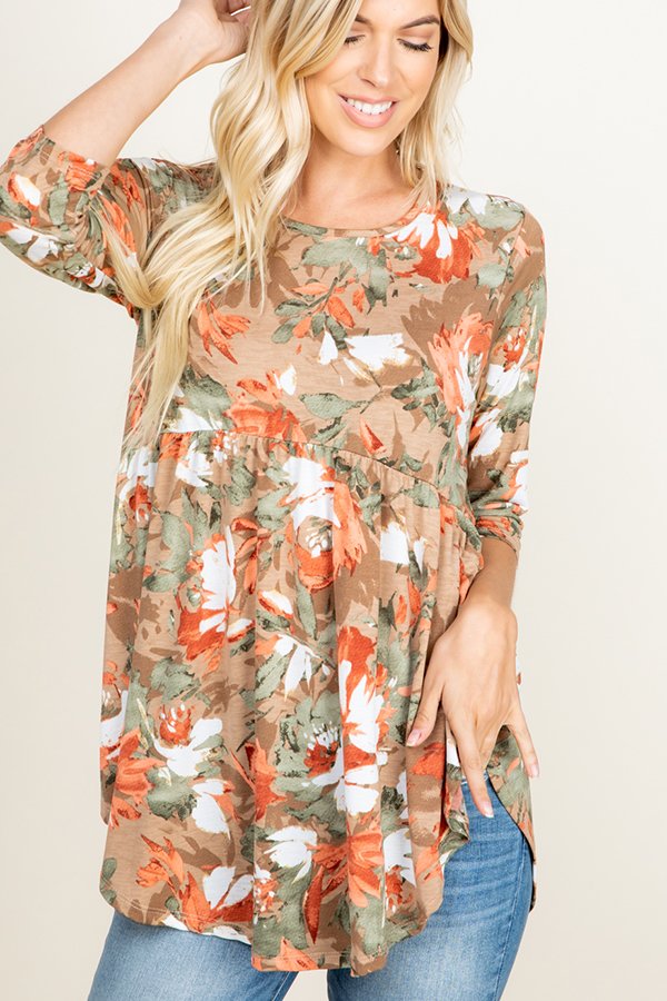 THREE QUARTER SLEEVE BABYDOLL FLORAL PRINT TOP