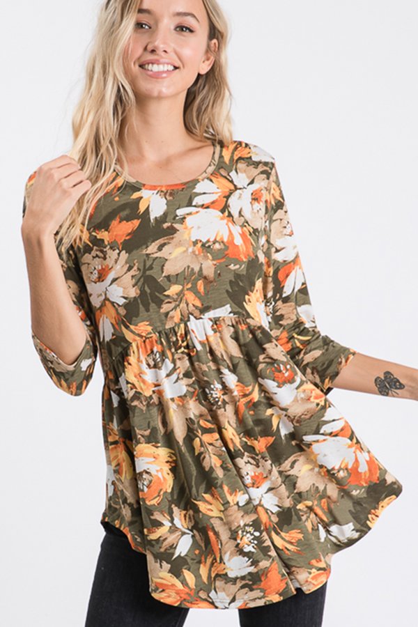 THREE QUARTER SLEEVE BABYDOLL FLORAL PRINT TOP